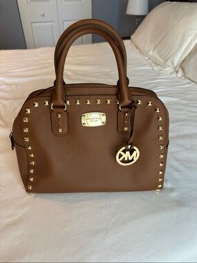 Michael Kors Tan Saffiano Leather Satchel Duffel Bag Gold Studs